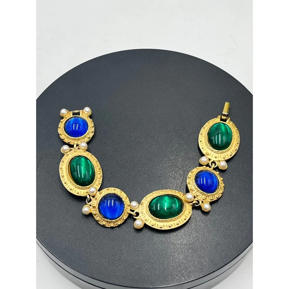 Vintage Blue Green Gemstone color cabochon Byzantine costume Pearl Bracelet 7